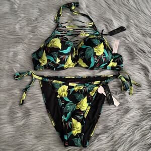 Victoria's Secret Swim Archives Palm Print High Neck Cheeky Bikini Set 32D / XS